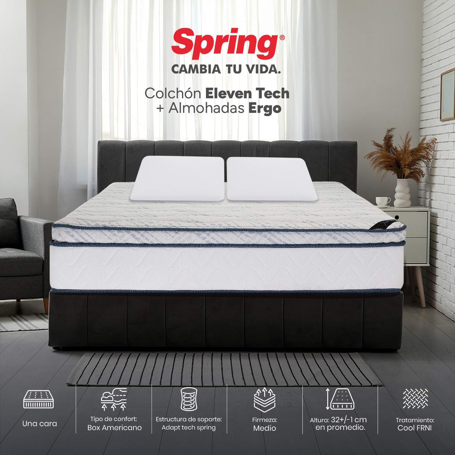 Colchón Spring Eleven Tech + Almohadas Ergo