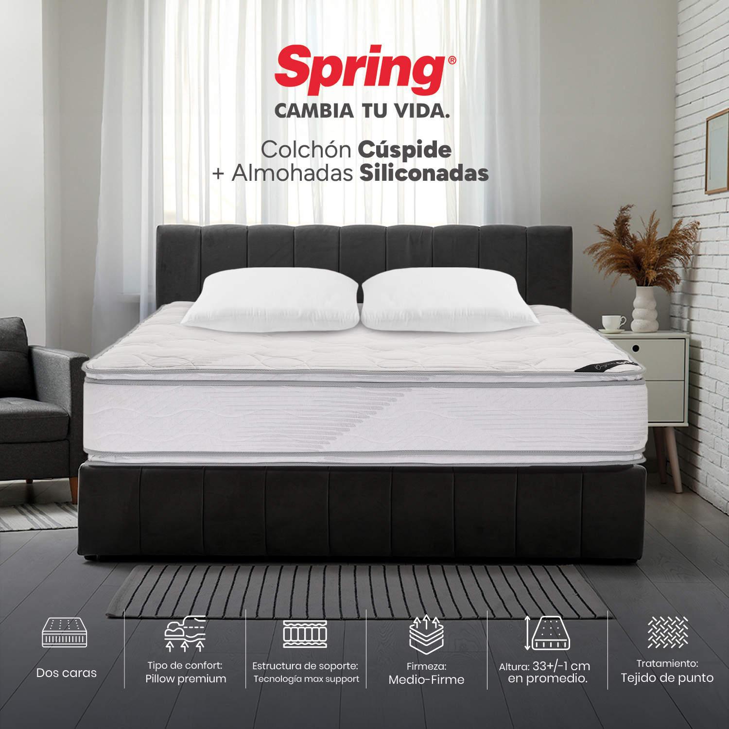 Colchón Spring Cúspide + Almohadas Siliconadas